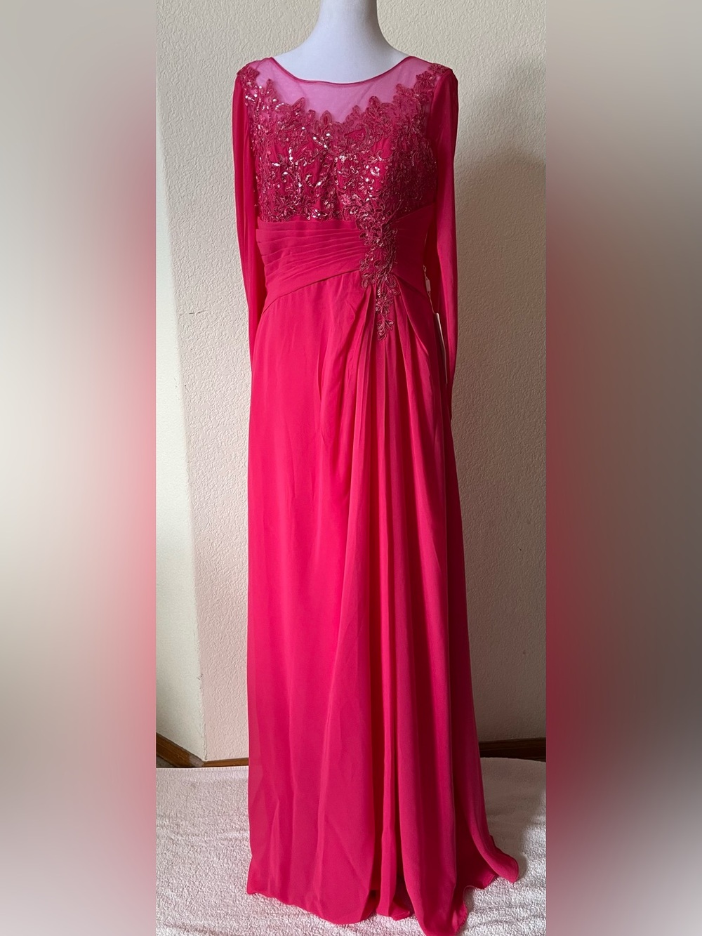 NWT Fuschia Illusion Sleeve Beaded Evening Gown